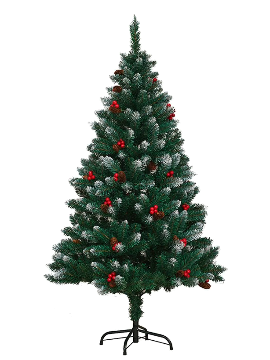 Искусственная ёлка XTREE с заснеженными ветвями, ягодами, шишками и чёрной металлической подставкой